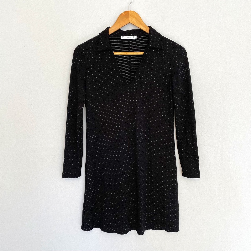 MNG MANGO Women's XS Black & White Dot V-neck Collar Long Sleeve Dress